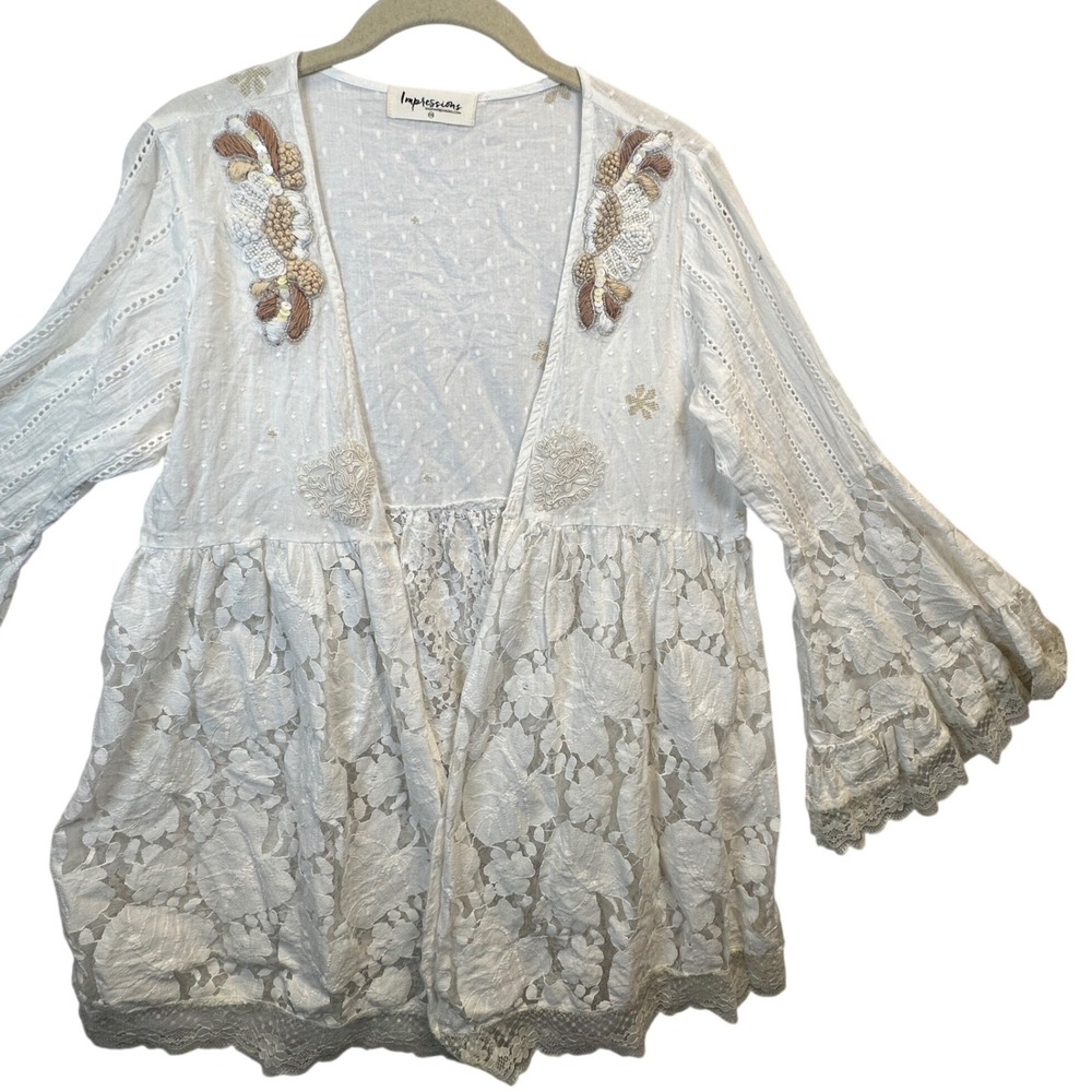 Impressions White Lace Embroidered Beaded Bell Sleeve Open Front Cardigan Top
